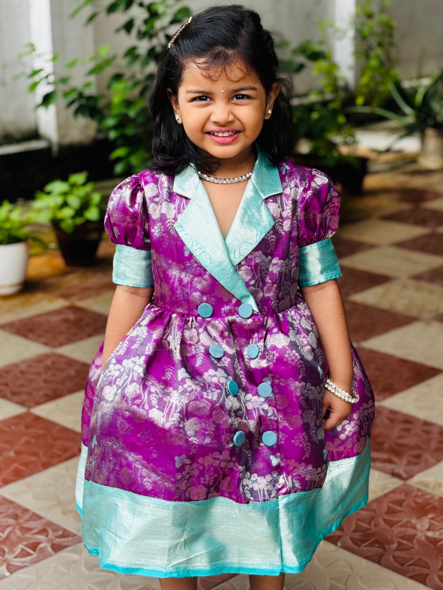 Royal Purple & Aqua Kanchipuram Silk Kids Gown with Jacket Style