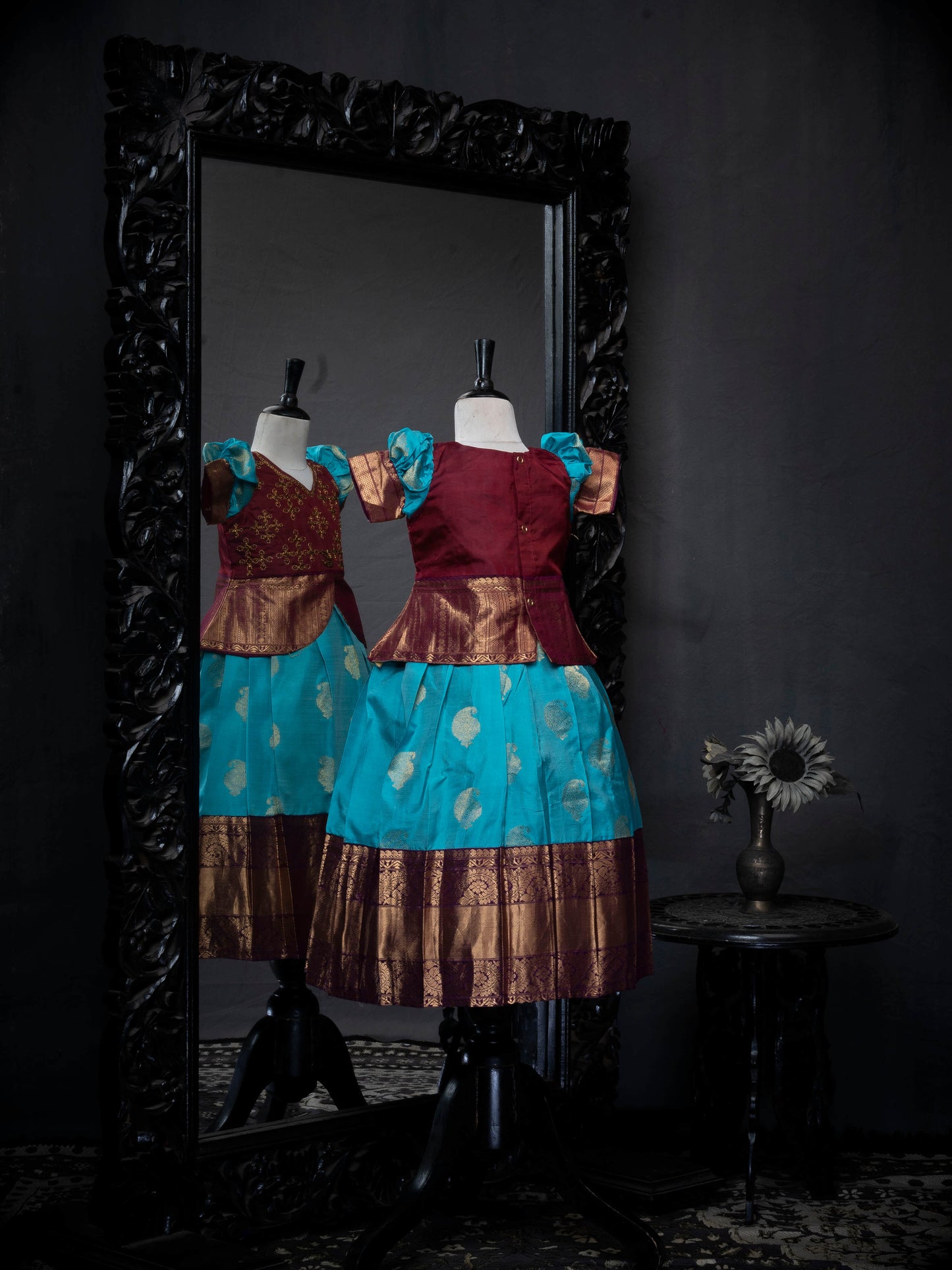 Arctic Blue and Maroon Kanjivaram Silk Pavadai Set with Kolam Pattern