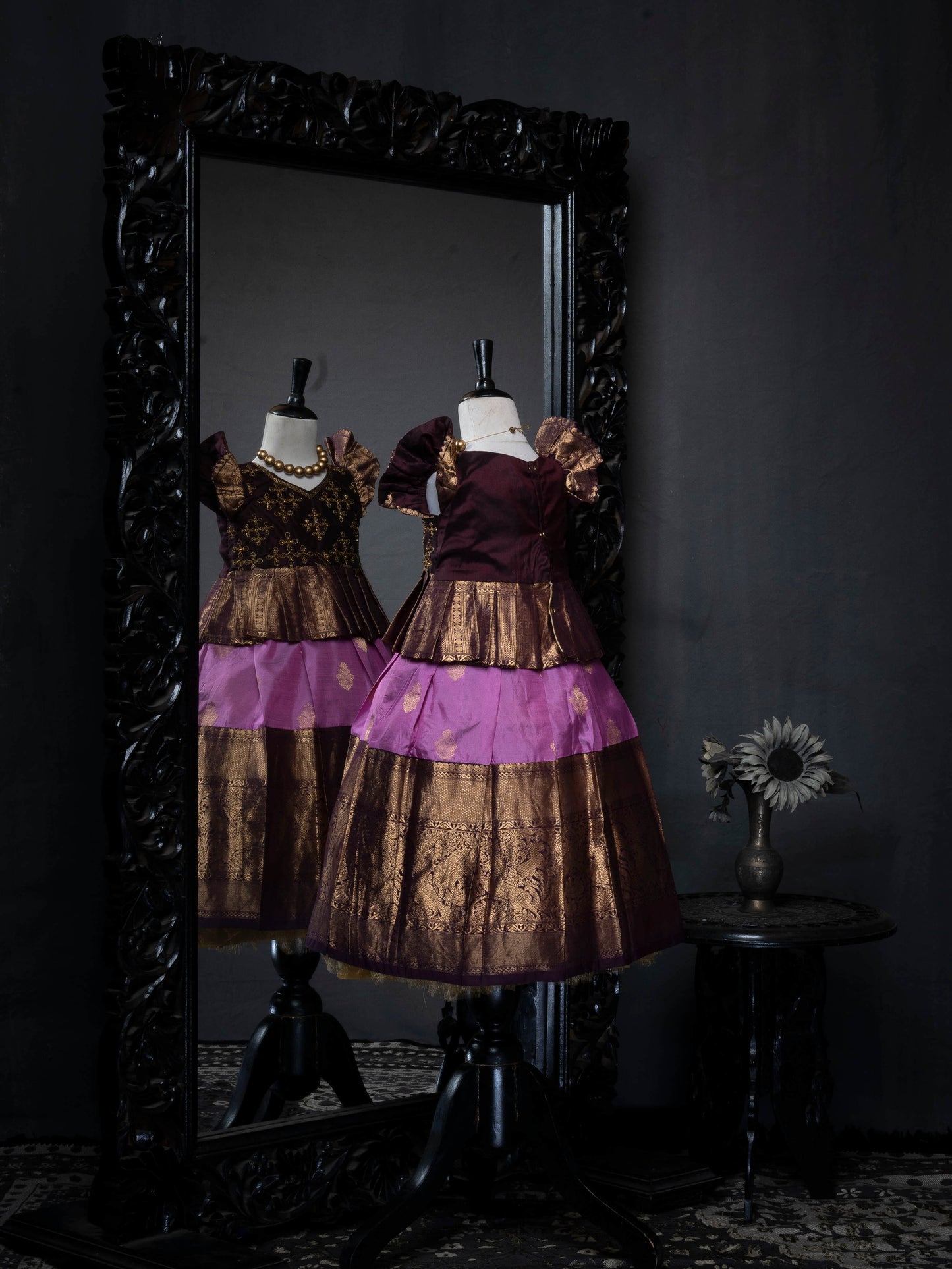 Hickory Brown and Lilac Kanjivaram Silk Pavadai Set with half-fine Zari pleated blouse