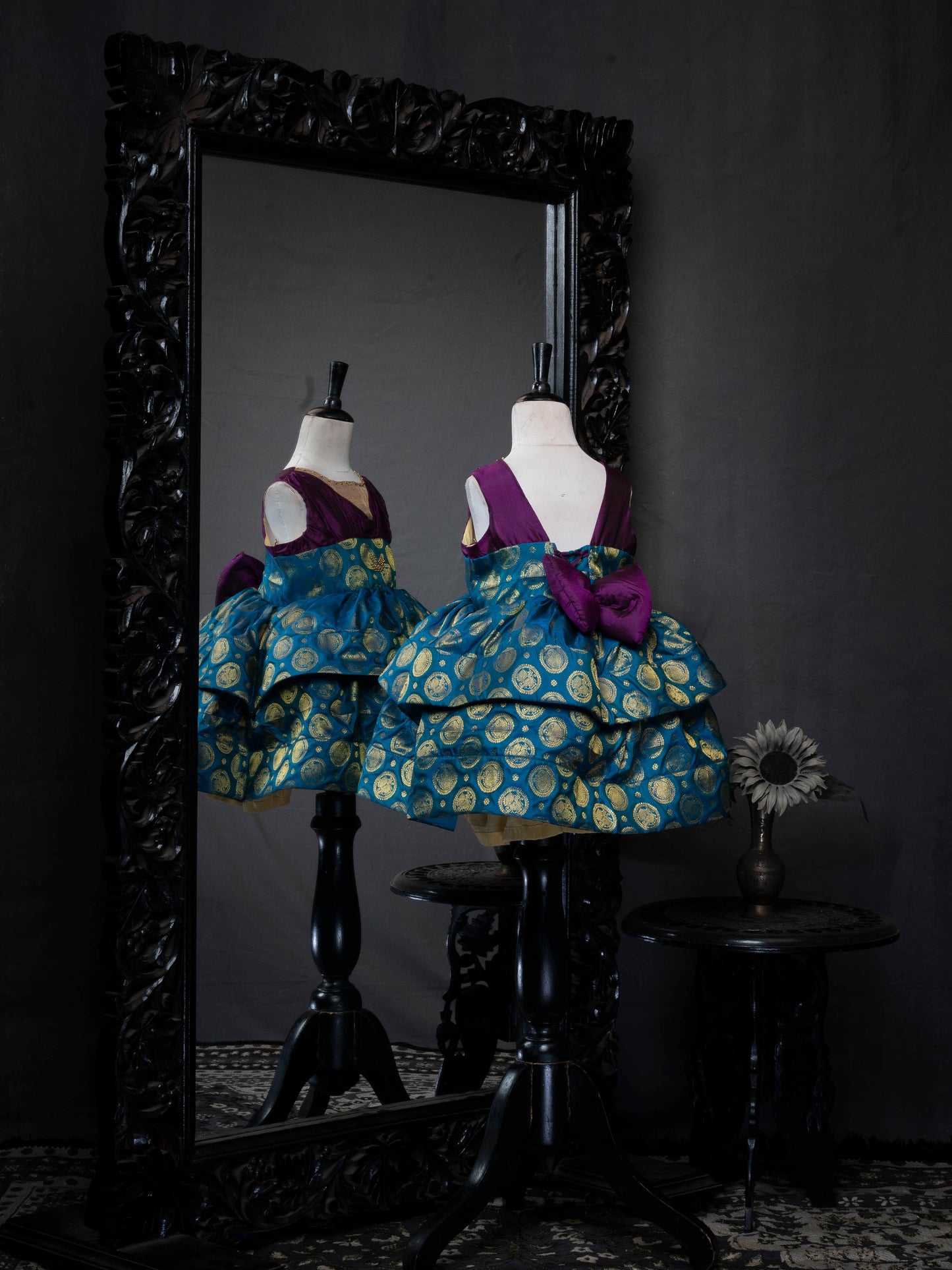 Eggplant and Peacock Jacquard Two-Tiered Kanjivaram Silk Gown