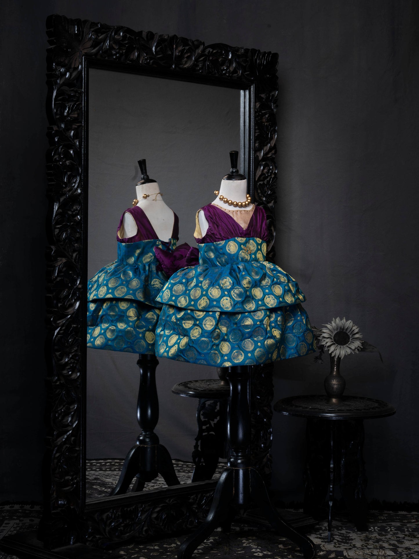 Eggplant and Peacock Jacquard Two-Tiered Kanjivaram Silk Gown