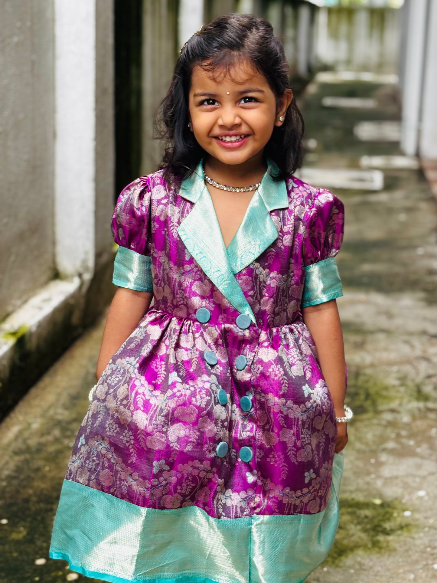 Royal Purple & Aqua Kanchipuram Silk Kids Gown with Jacket Style
