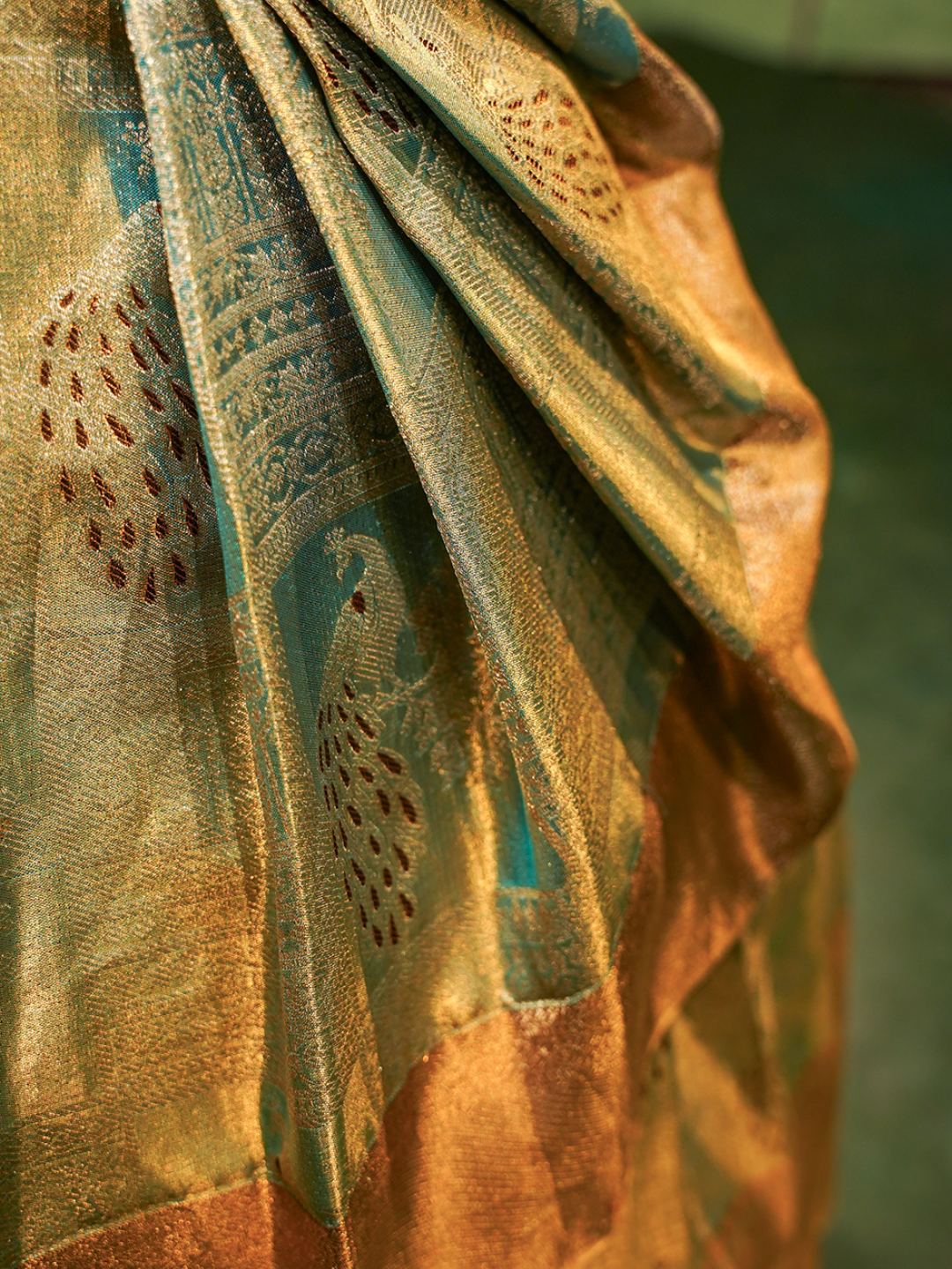 Teal & Antique Gold Kanchipuram Silk Pleated Ball Gown