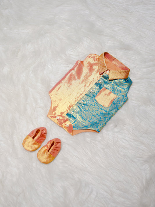 Peach Blue Boy Romper with Zari Panel