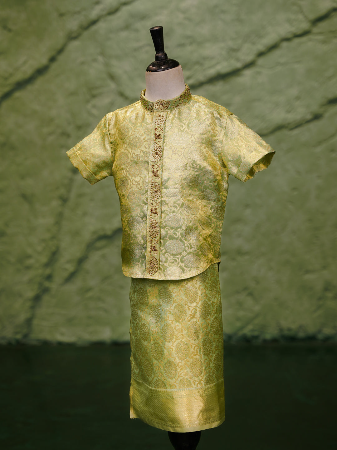 Pastel Green Kanchipuram Silk Shirt & Dhoti Set