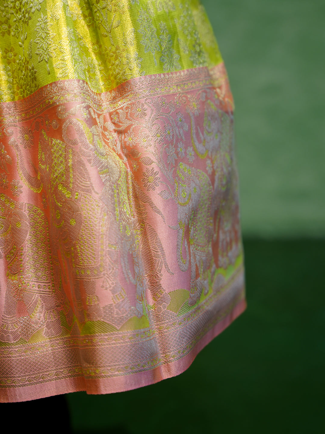 Lime Green Cinderella Silk Gown with Floral Bodice