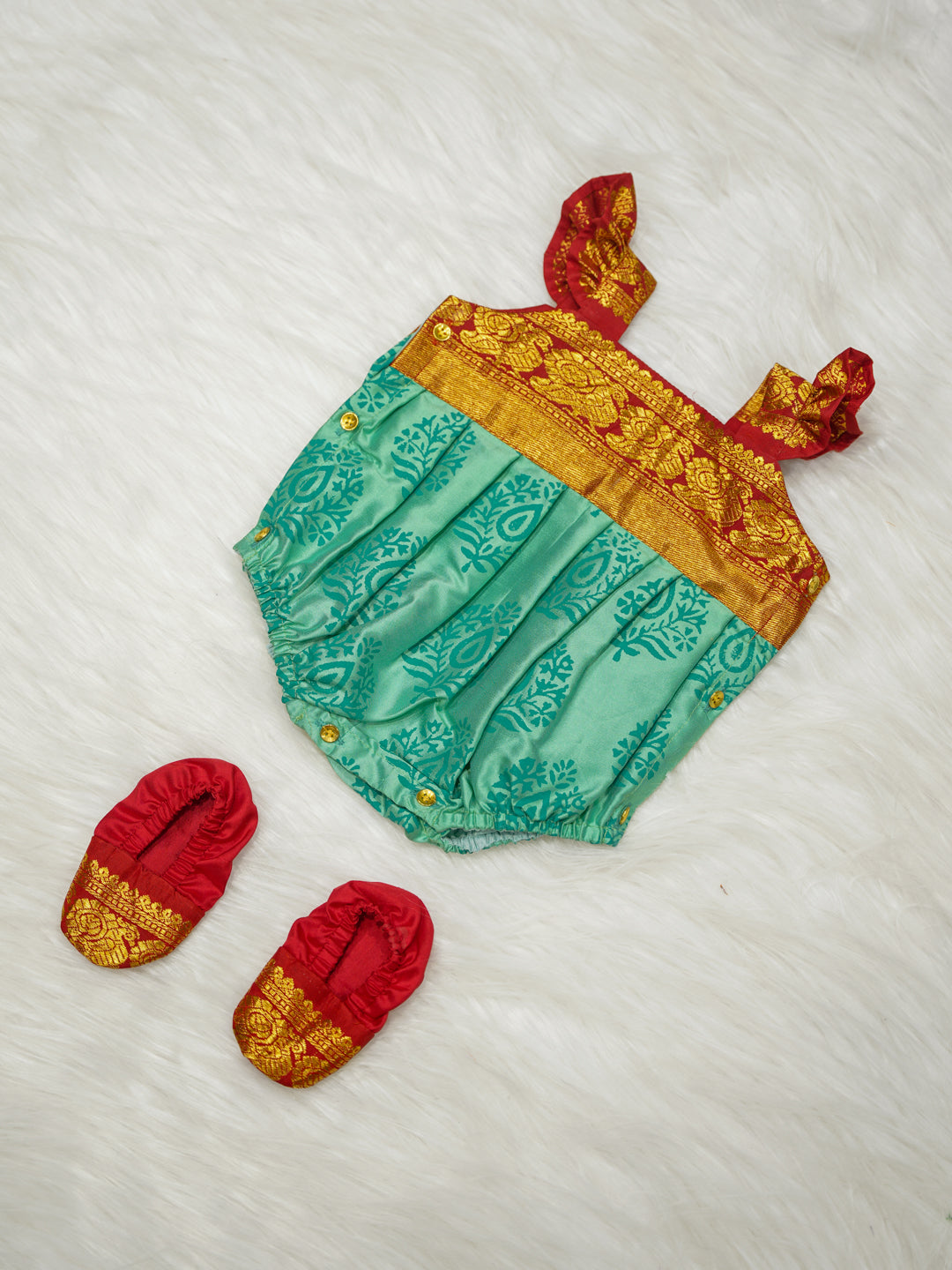 Aqua Teal & Red Silk Newborn Romper Set