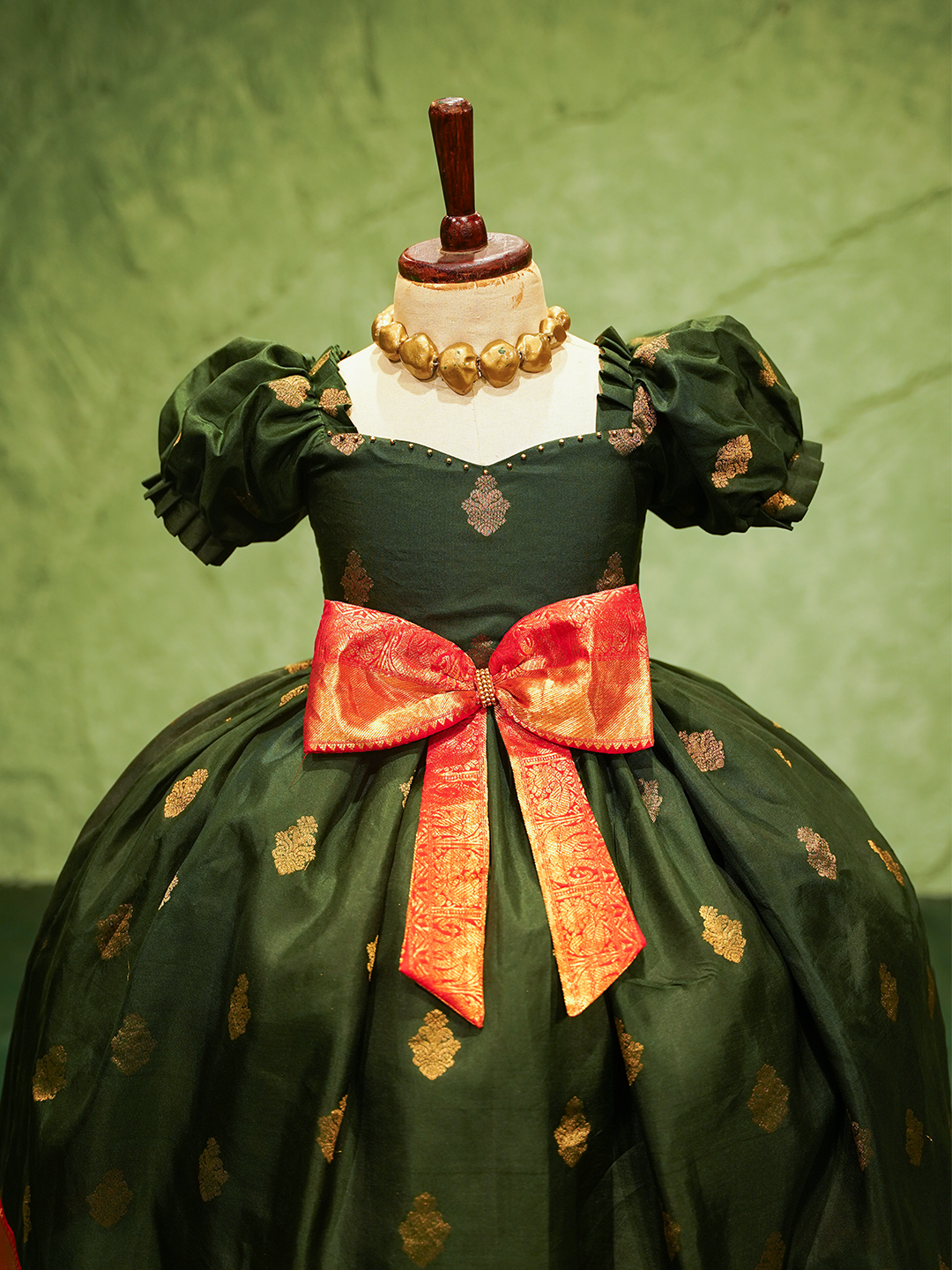 Bottle Green & Red Kanchipuram Silk Bow Gown