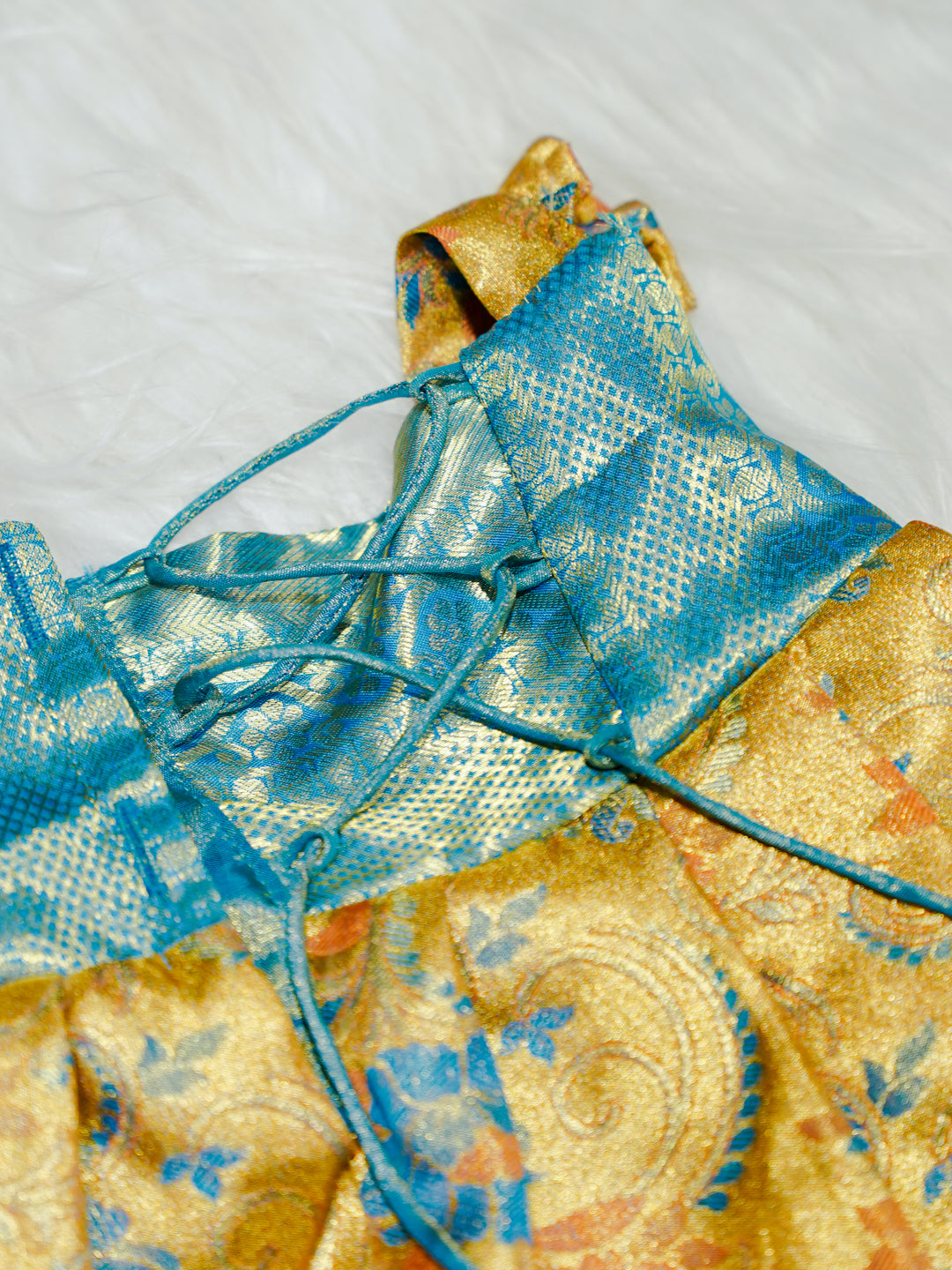Sky Blue & Gold Floral Silk Baby Gown with Bow
