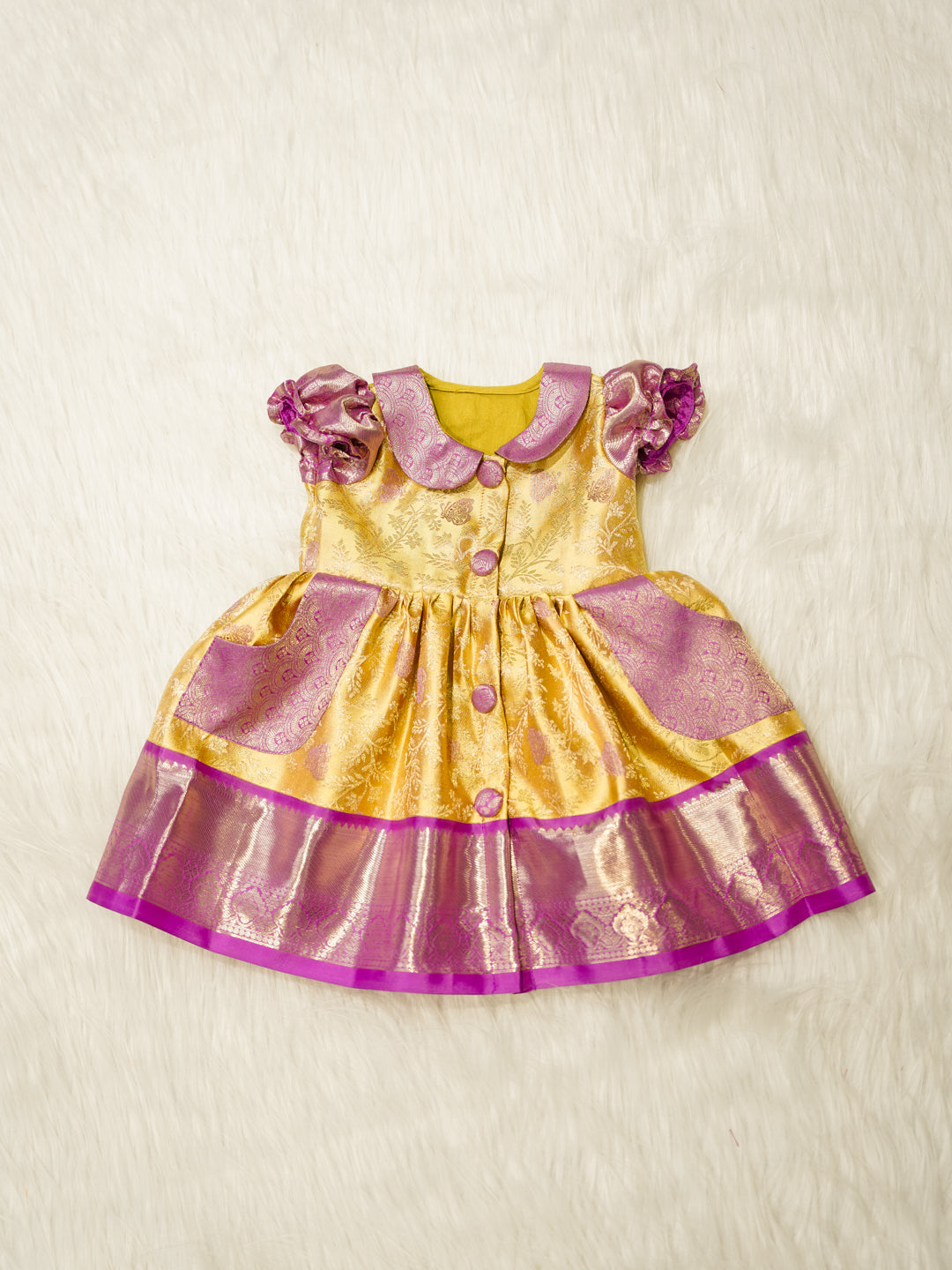 Yellow & Lavender Kids Silk Frock — Pure Kanchipuram Silk with Zari Border