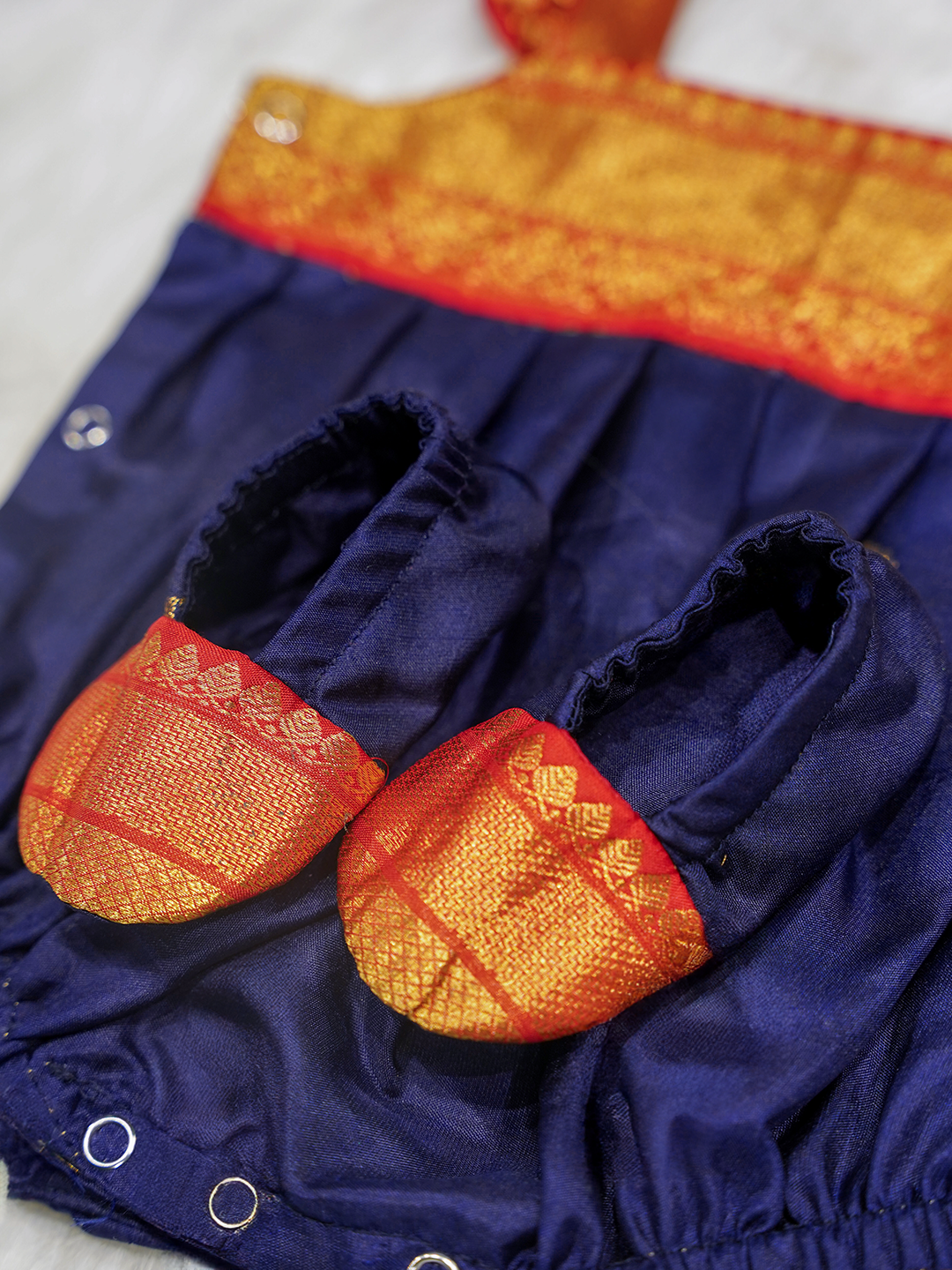 Royal Blue & Gold Silk Newborn Romper Set