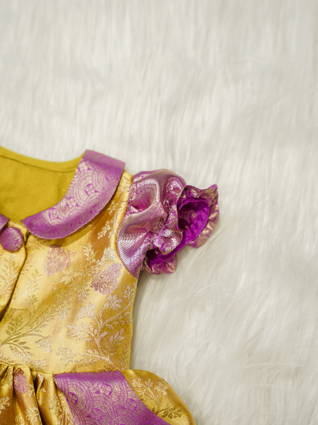 Yellow & Lavender Kids Silk Frock — Pure Kanchipuram Silk with Zari Border