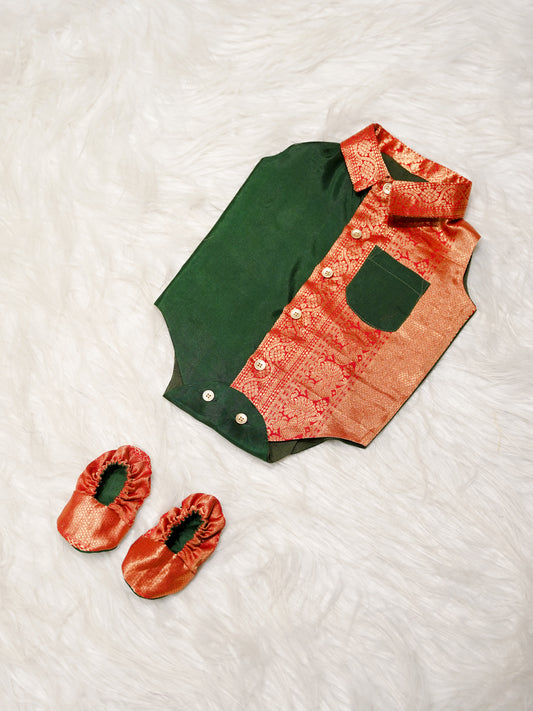 Green Boy Romper with Zari Contrast