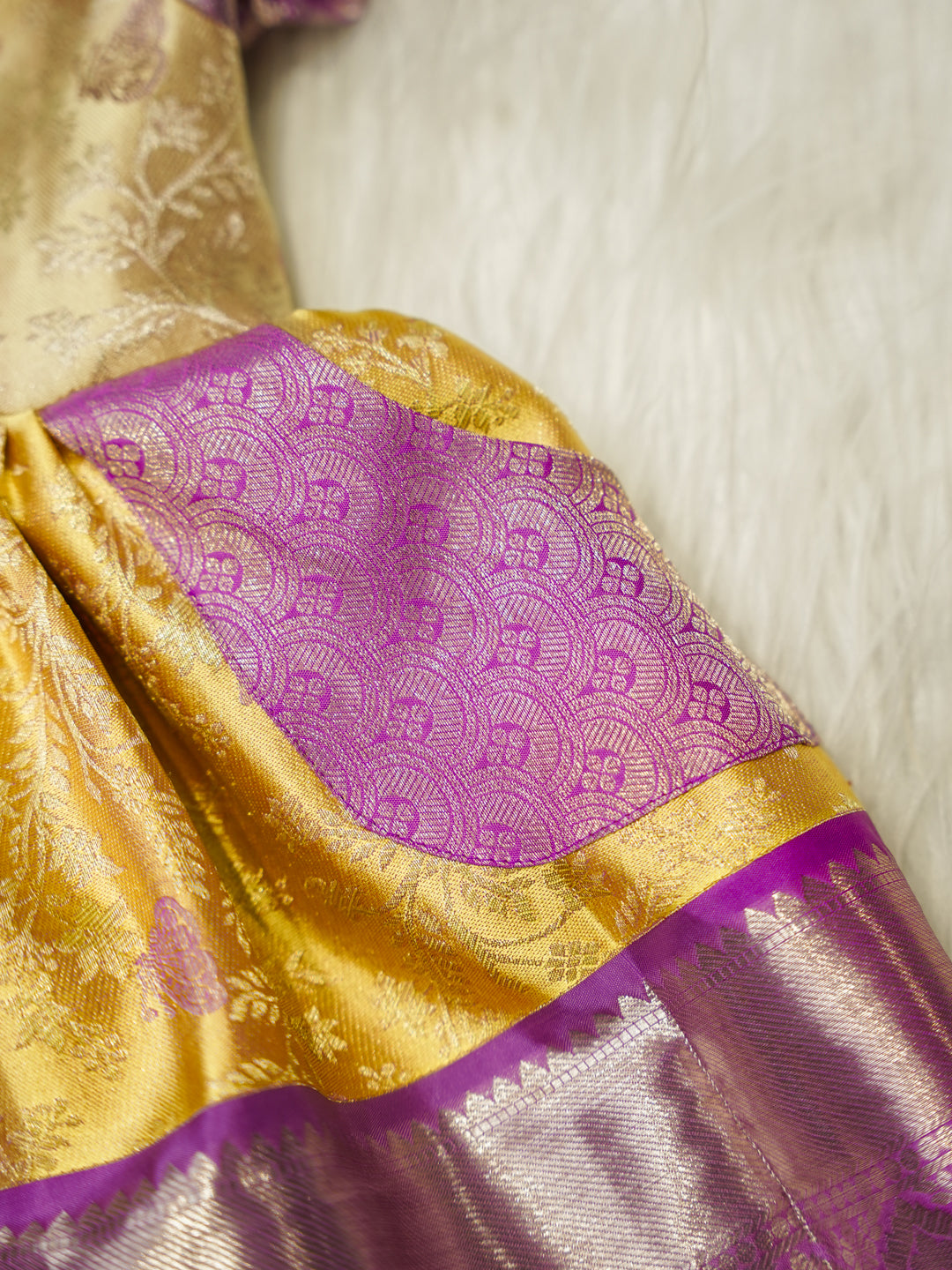Yellow & Lavender Kids Silk Frock — Pure Kanchipuram Silk with Zari Border