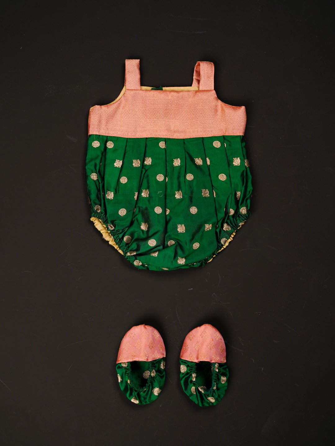 Champagne Charm – Zari Silk Romper with Matching Booties