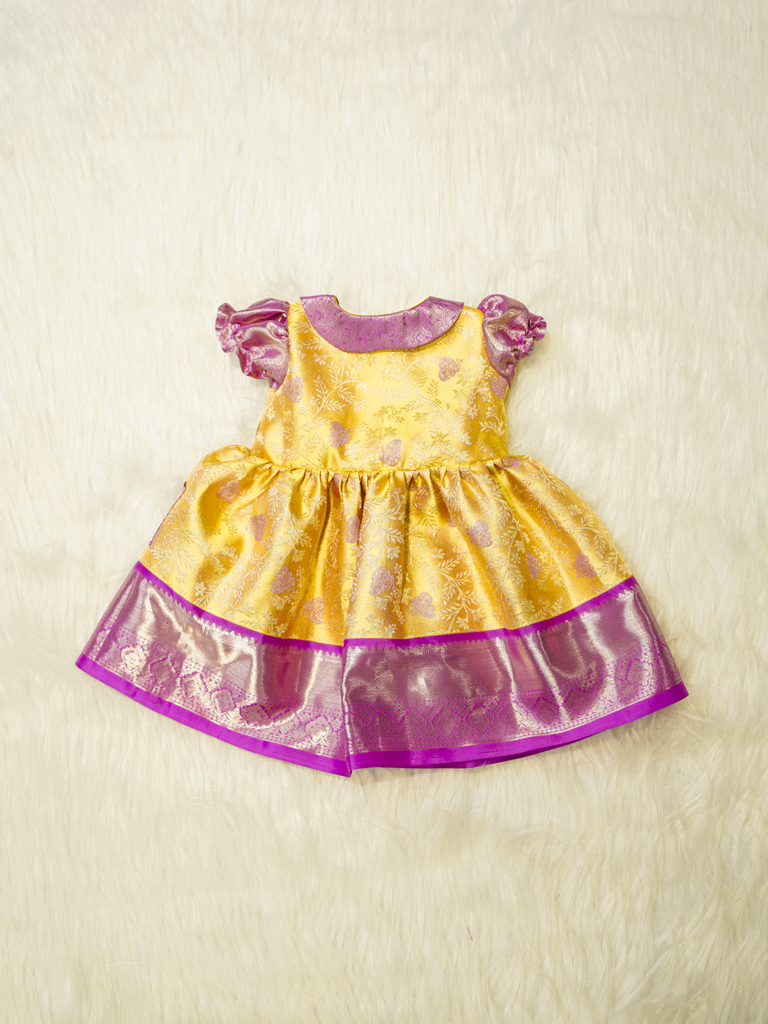 Yellow & Lavender Kids Silk Frock — Pure Kanchipuram Silk with Zari Border