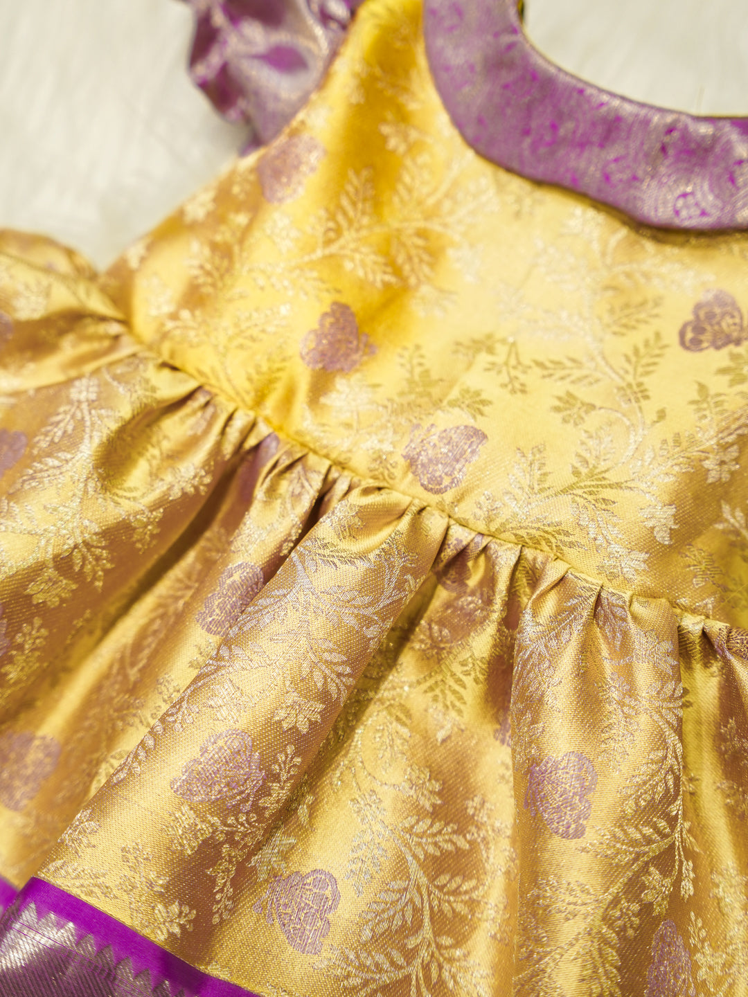 Yellow & Lavender Kids Silk Frock — Pure Kanchipuram Silk with Zari Border