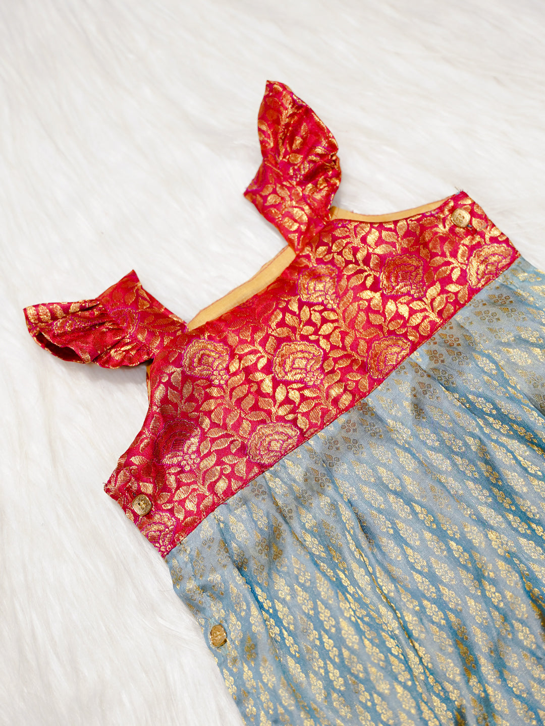 Sky Blue Newborn Girl Romper with Red Floral Yoke