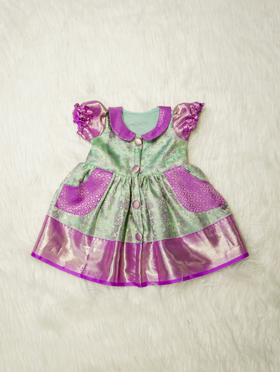 Mint Green & Lavender Baby Silk Frock — Pure Kanchipuram Silk (0–1 Year)