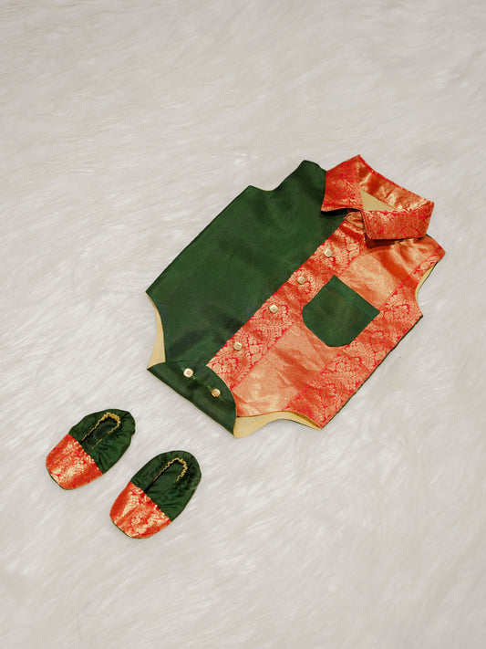 Green Orange Boy Romper with Zari Panel