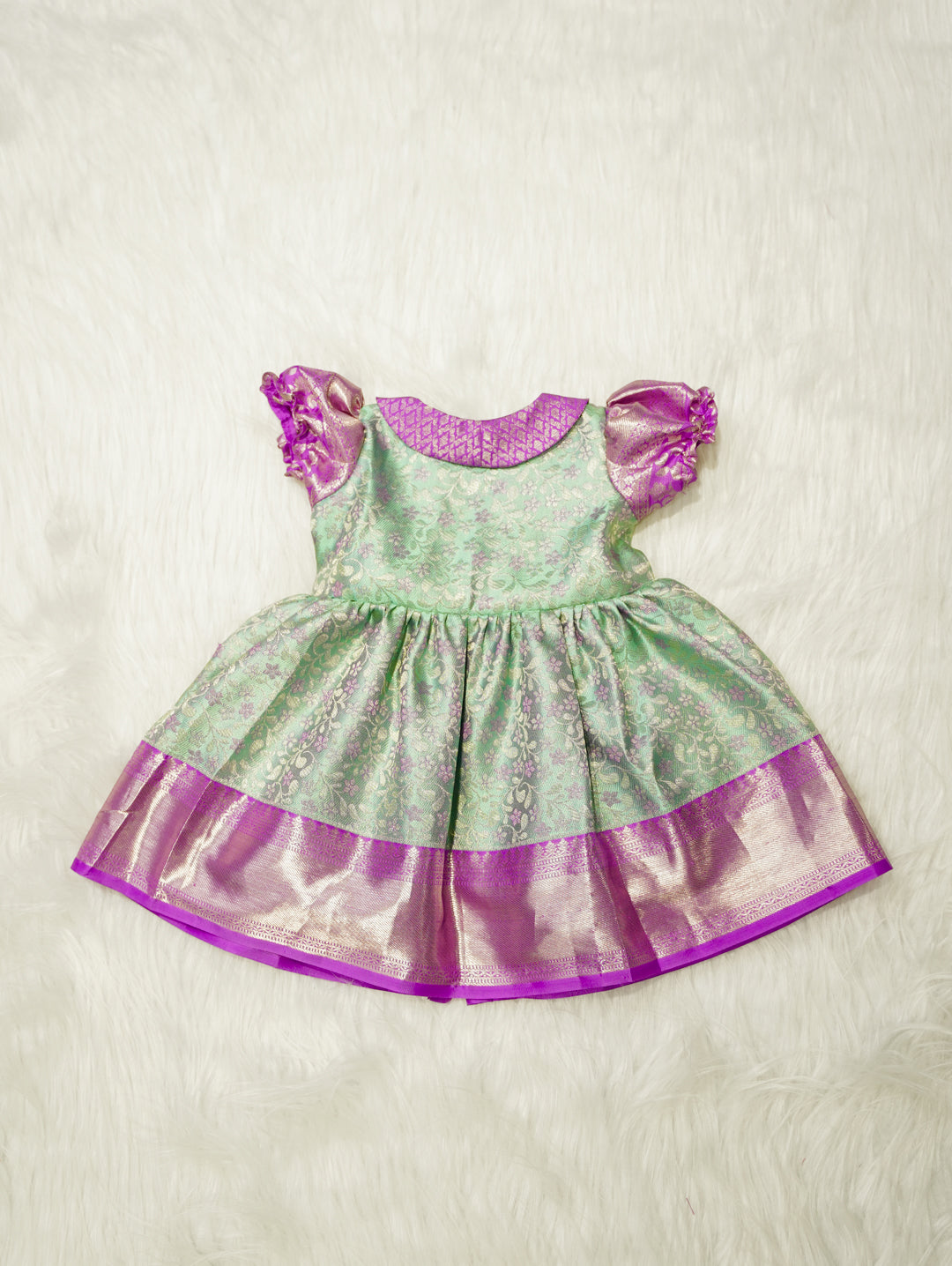 Mint Green & Lavender Baby Silk Frock — Pure Kanchipuram Silk (0–1 Year)