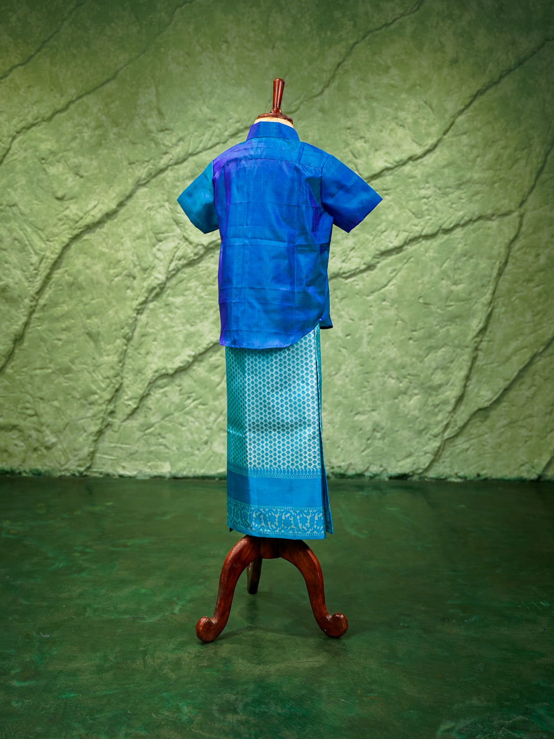 Blue Kids Vesti & Shirt Set — Pure Kanchipuram Silk with Zari Border