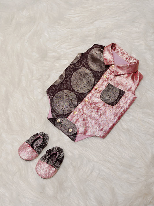 Pink Brown Boy Romper with Zari Panel