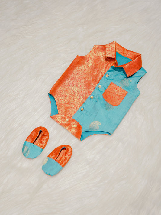Orange Blue Boy Romper with Contrast Panel