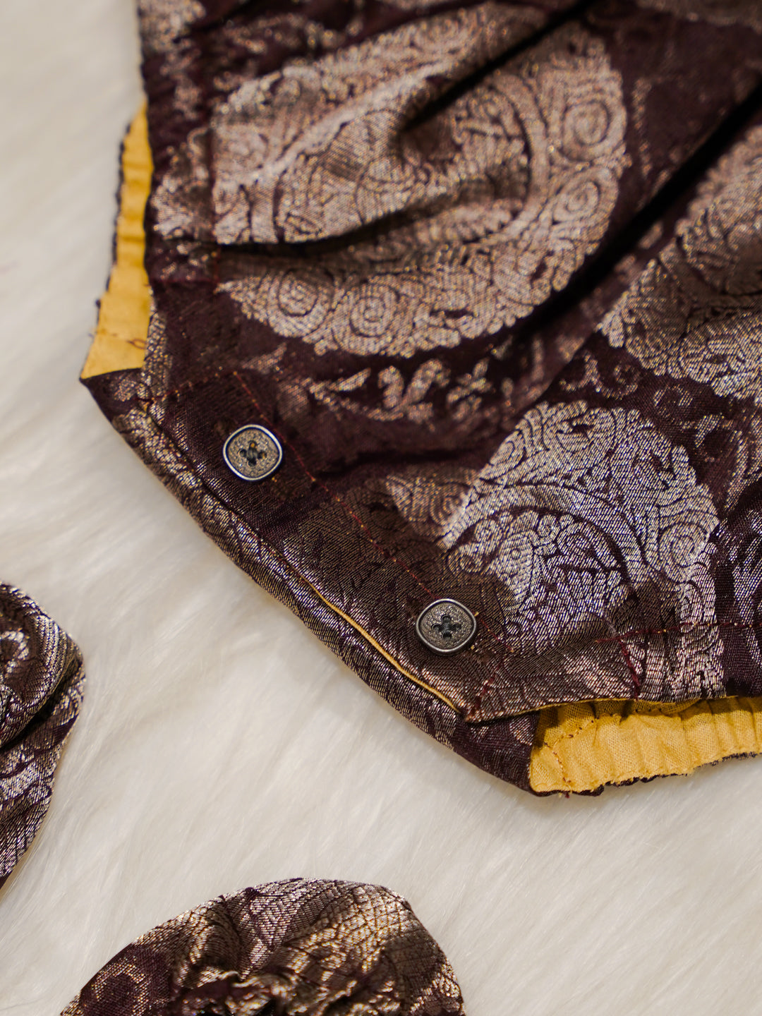 Mustard & Brown Kanchipuram Silk Baby Romper Set with Shoes