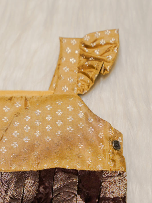 Mustard & Brown Kanchipuram Silk Baby Romper Set with Shoes