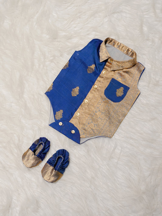Blue Gold Boy Romper with Zari Panel
