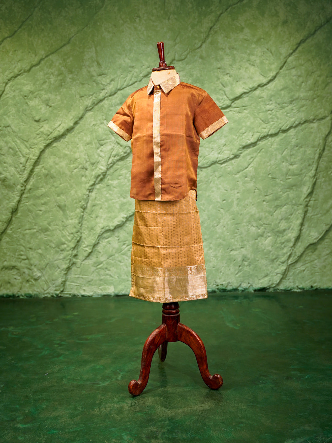 Gold & copper kids vesti & shirt set in pure Kanchipuram silk with zari trims — front view