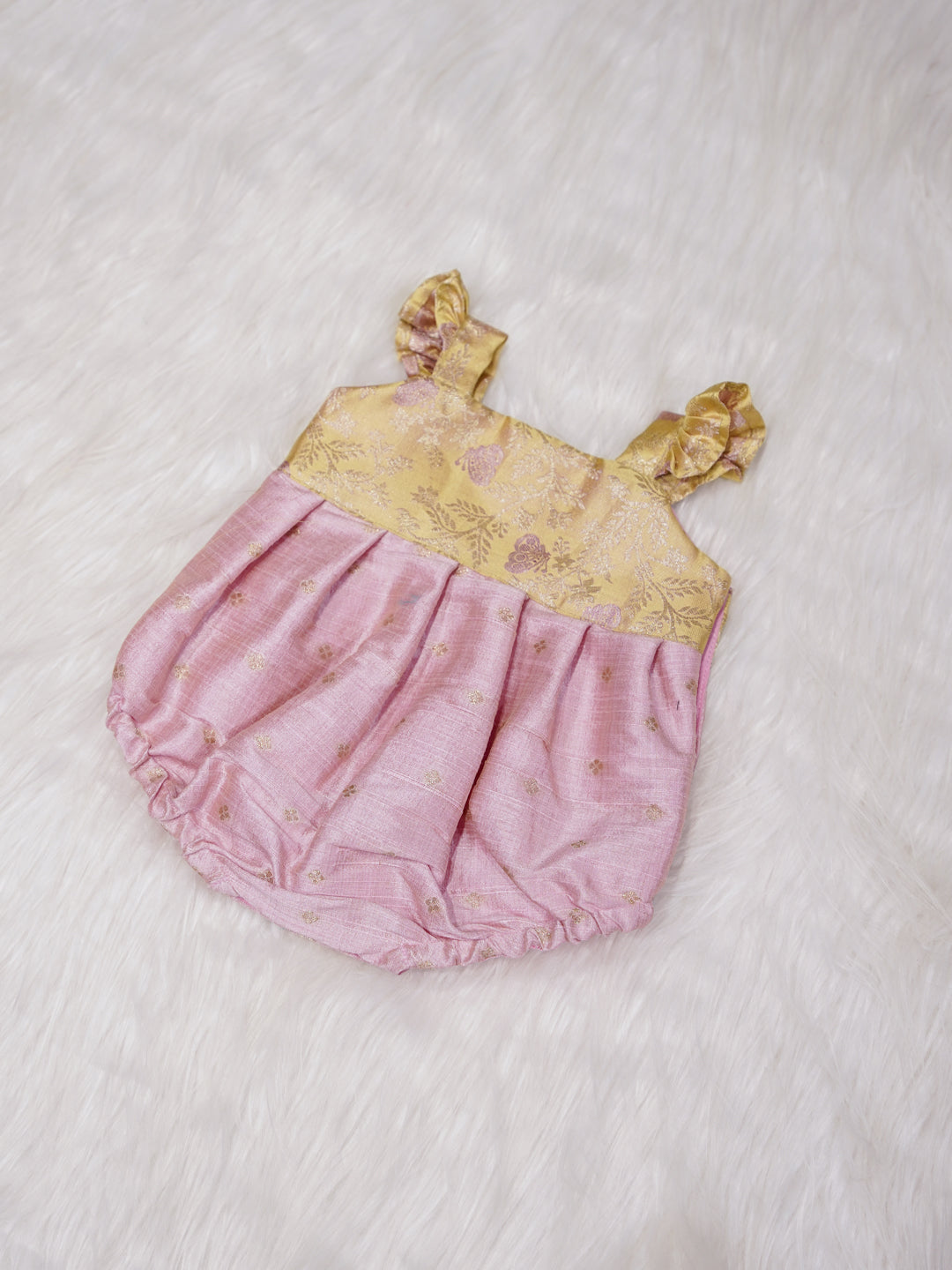 Blush Pink Newborn Silk Romper with Gold Zari Yoke