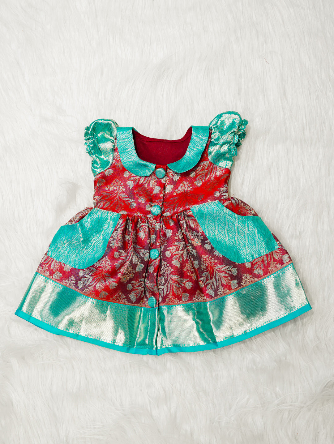 Red & Teal Baby Silk Frock — Pure Kanchipuram Silk (0–1 Year)