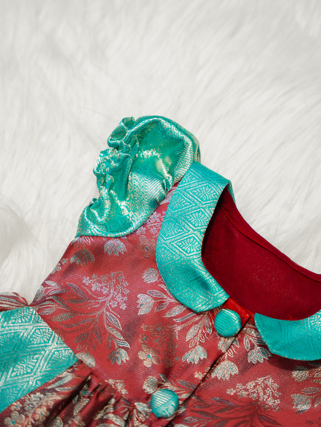 Red & Teal Baby Silk Frock — Pure Kanchipuram Silk (0–1 Year)