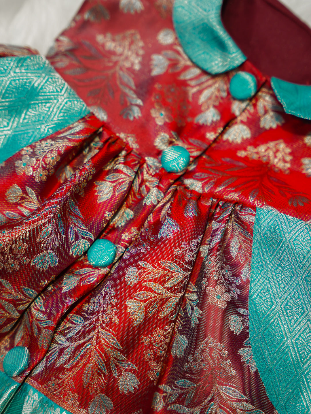 Red & Teal Baby Silk Frock — Pure Kanchipuram Silk (0–1 Year)