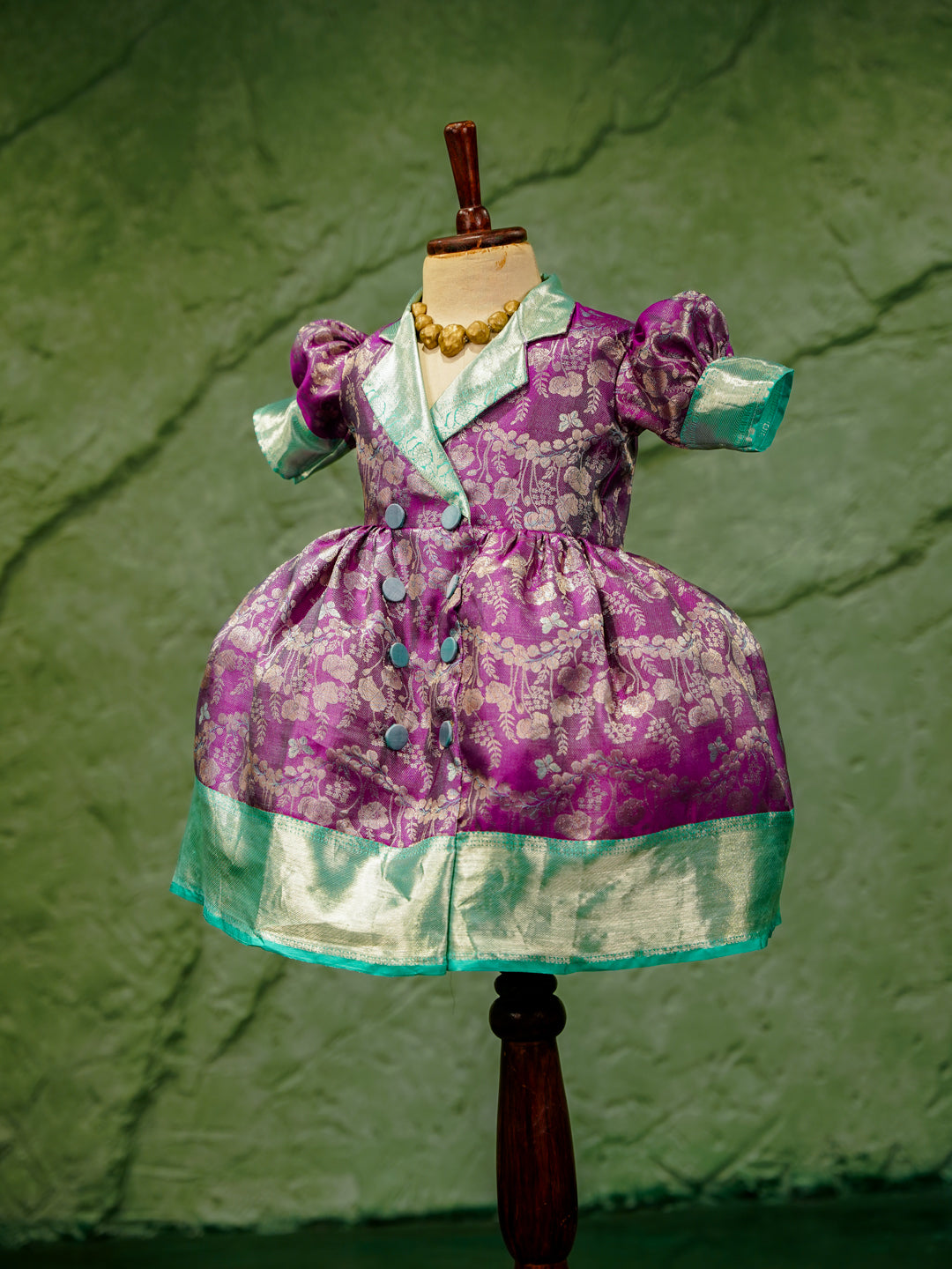 Royal Purple & Aqua Kanchipuram Silk Kids Gown with Jacket Style