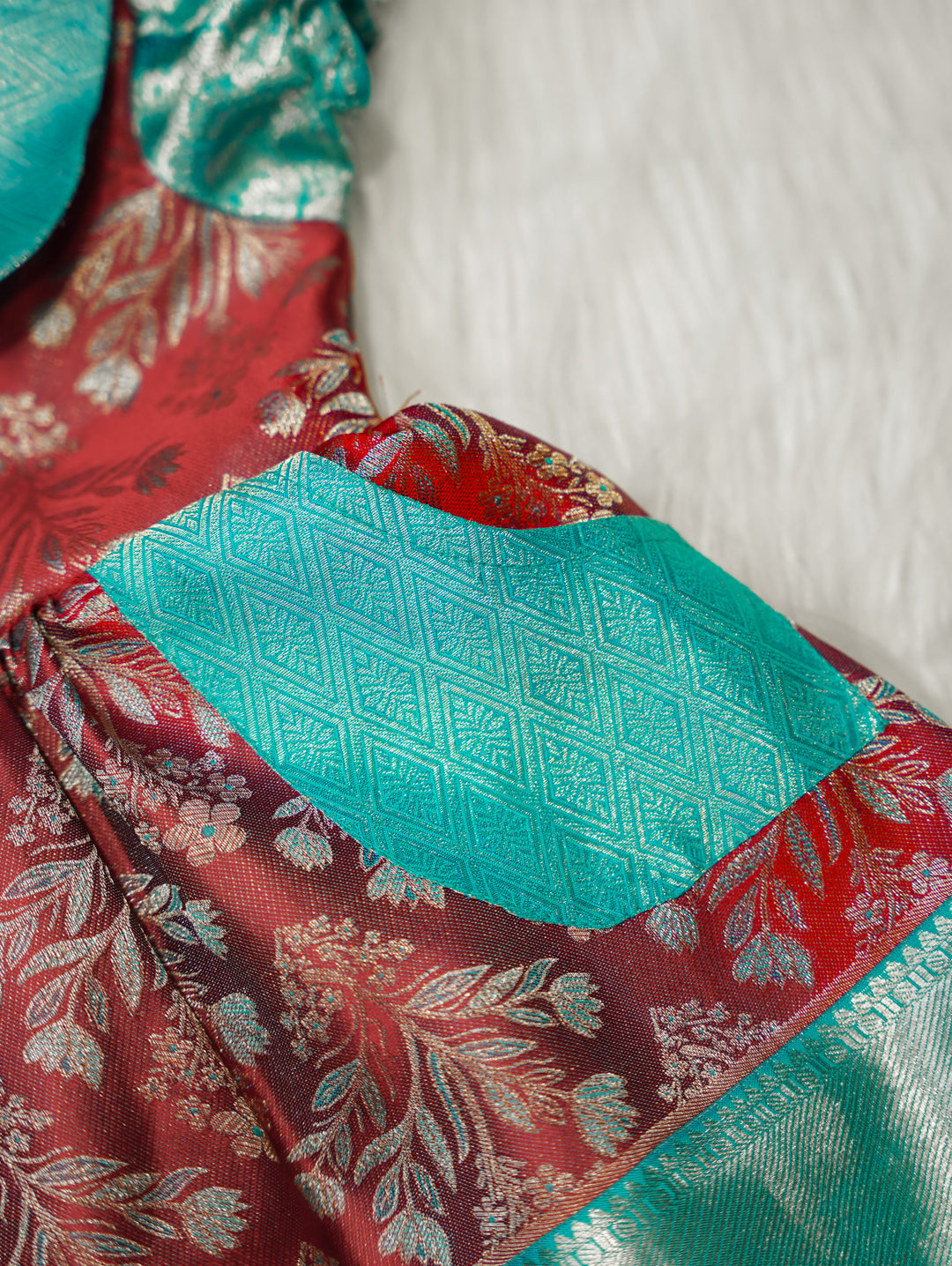 Red & Teal Baby Silk Frock — Pure Kanchipuram Silk (0–1 Year)