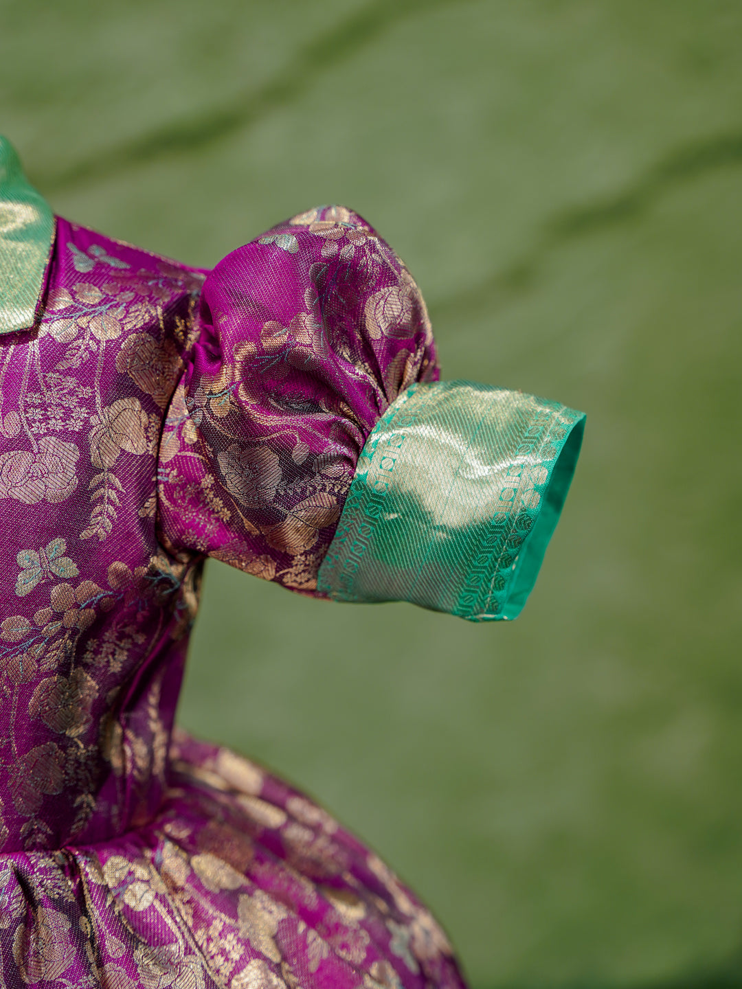 Royal Purple & Aqua Kanchipuram Silk Kids Gown with Jacket Style