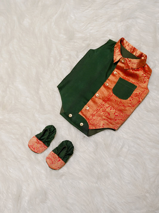Green Red Boy Romper with Zari Panel
