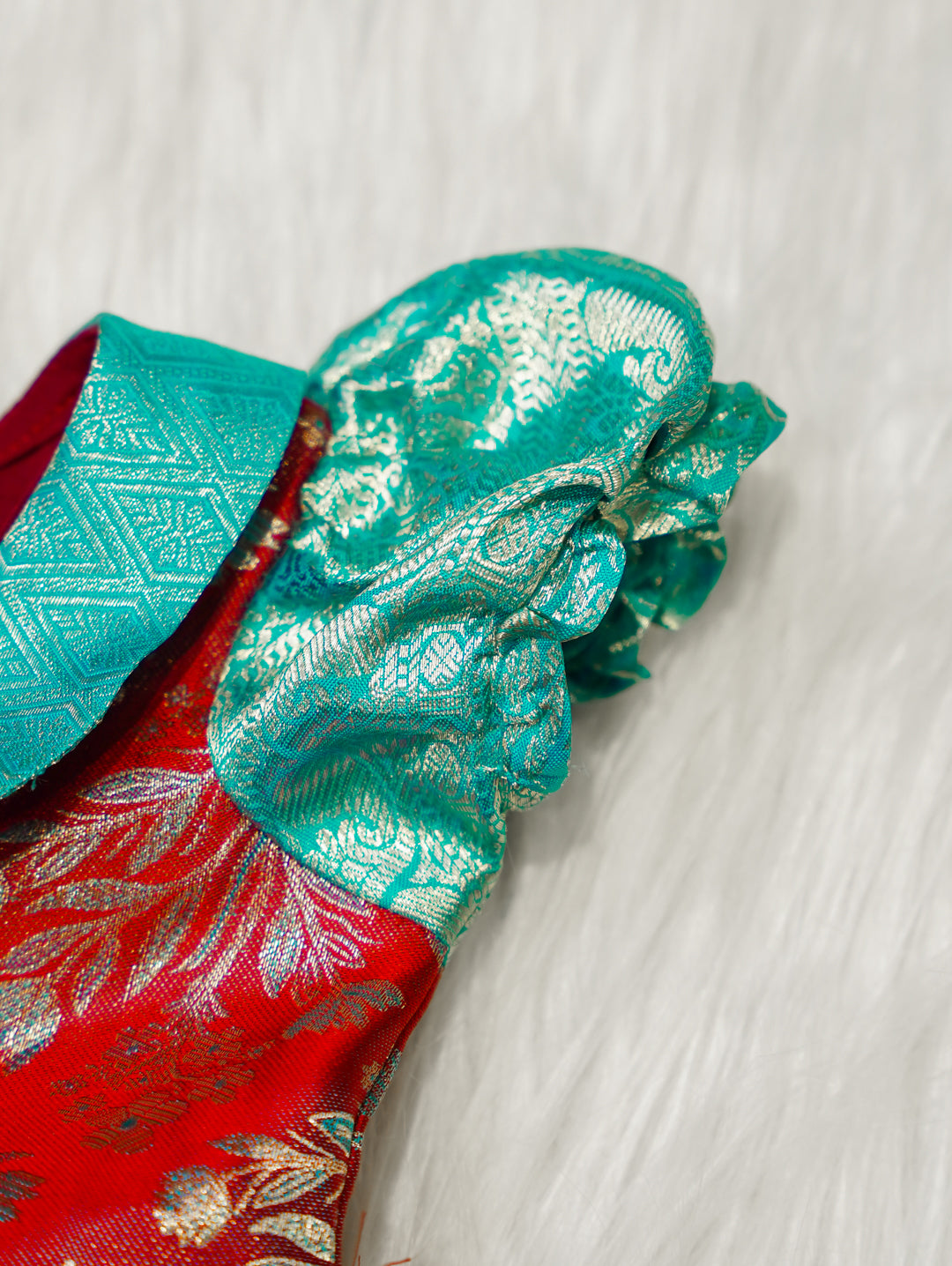 Red & Teal Baby Silk Frock — Pure Kanchipuram Silk (0–1 Year)