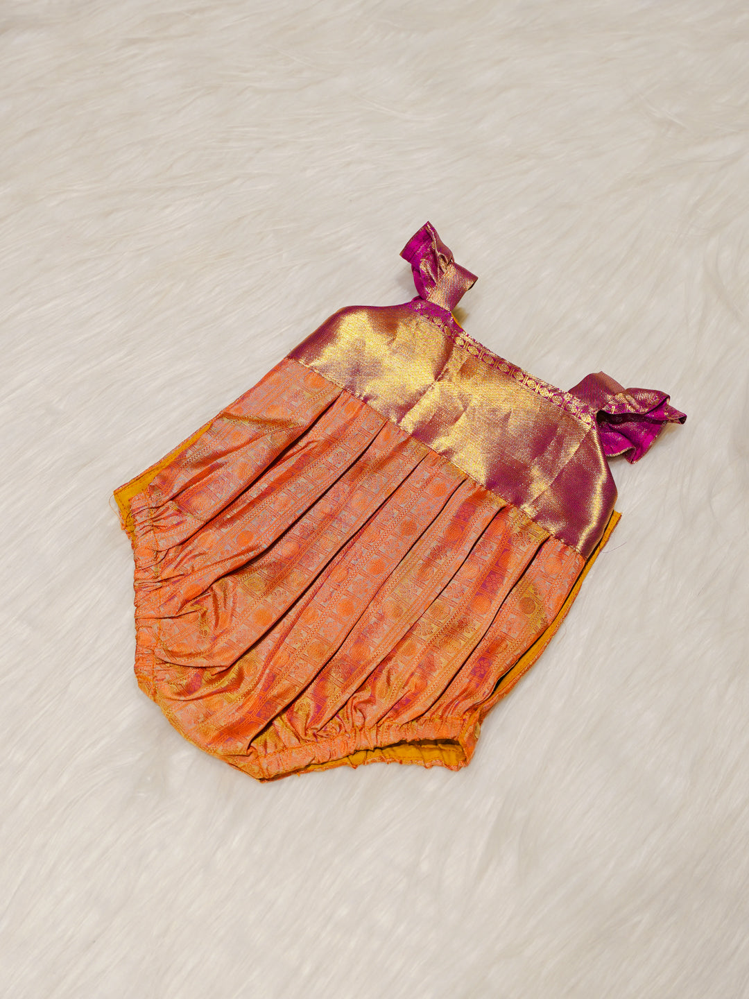 Gold & Coral Kanchipuram Silk Baby Romper Set with Shoes