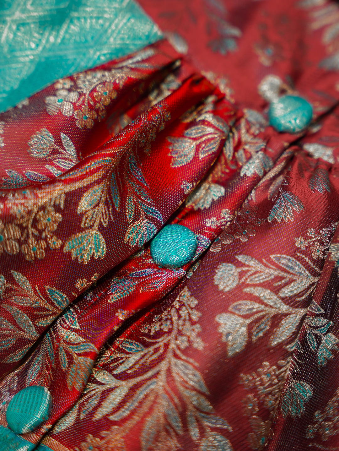 Red & Teal Baby Silk Frock — Pure Kanchipuram Silk (0–1 Year)