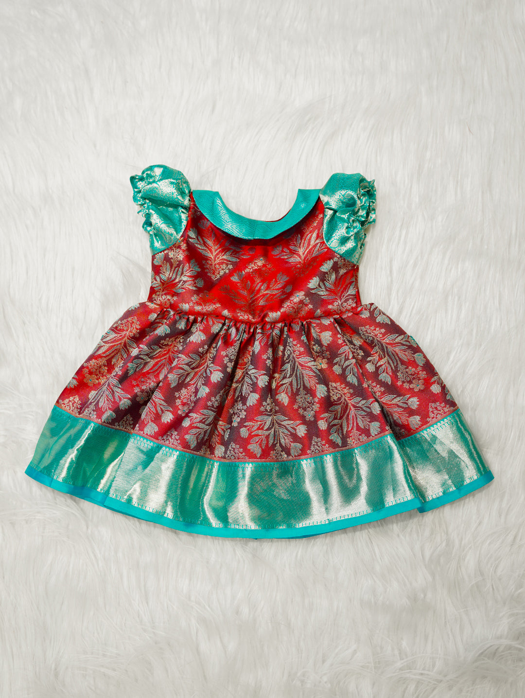 Red & Teal Baby Silk Frock — Pure Kanchipuram Silk (0–1 Year)