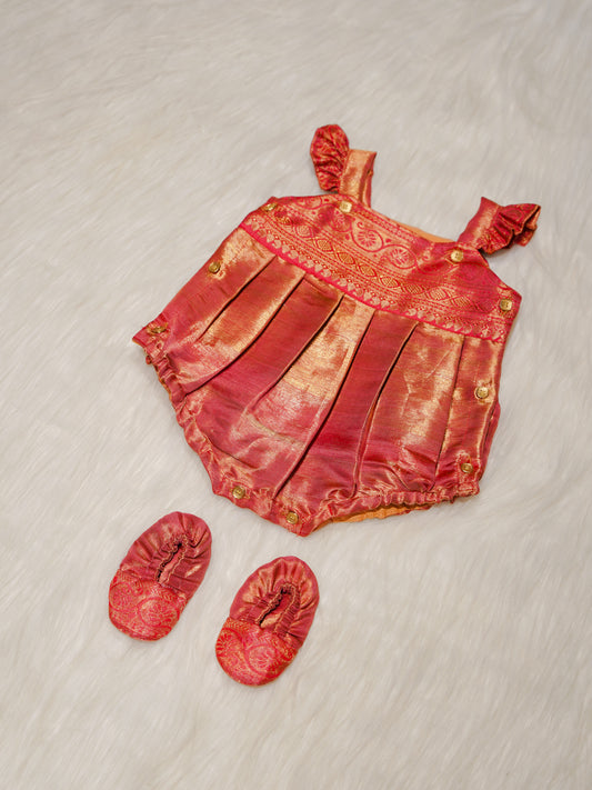 Coral Pink Kanchipuram Silk Baby Romper Set with Shoes