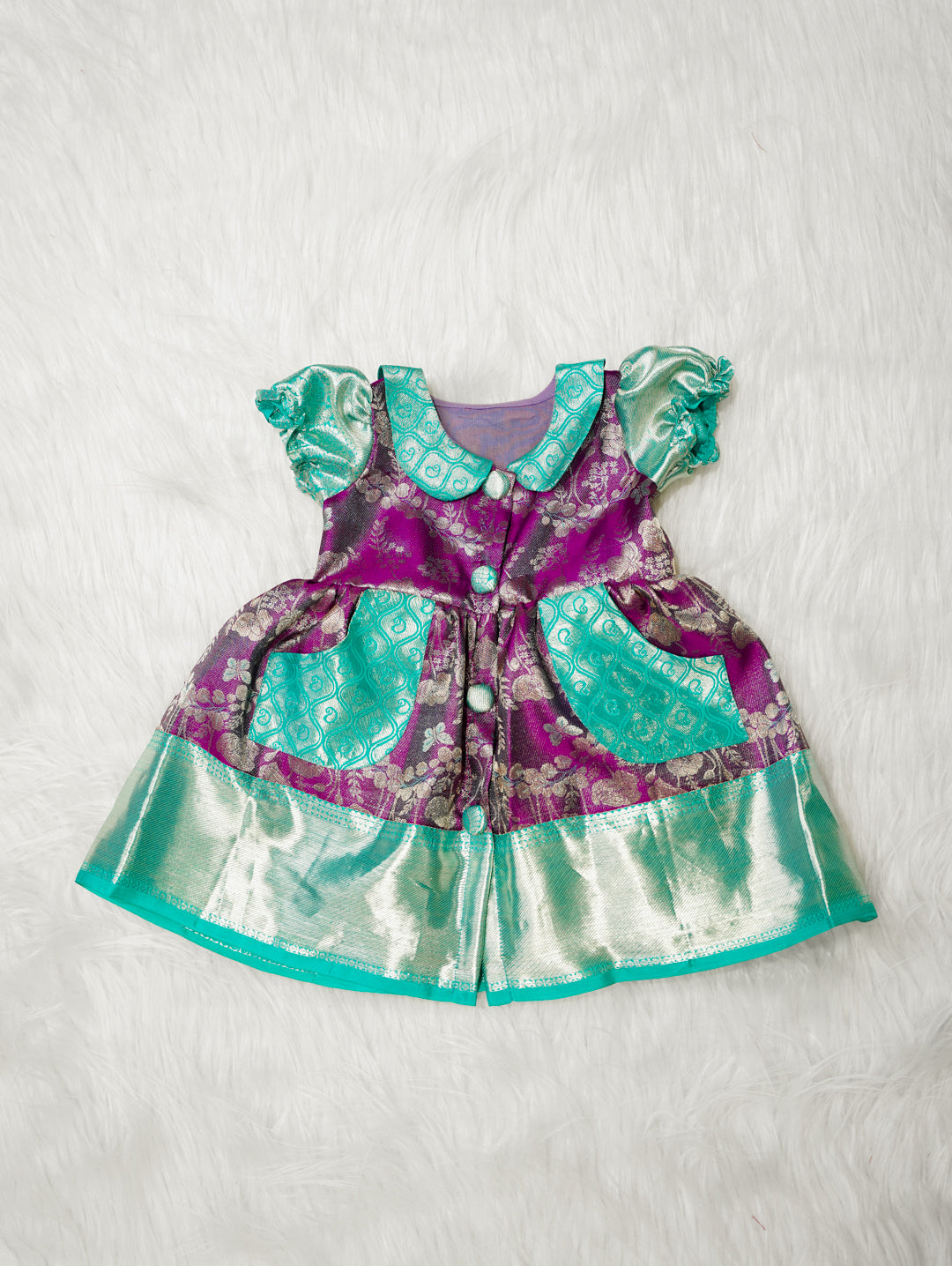 Purple & Mint Baby Silk Frock — Pure Kanchipuram Silk (0–1 Year)
