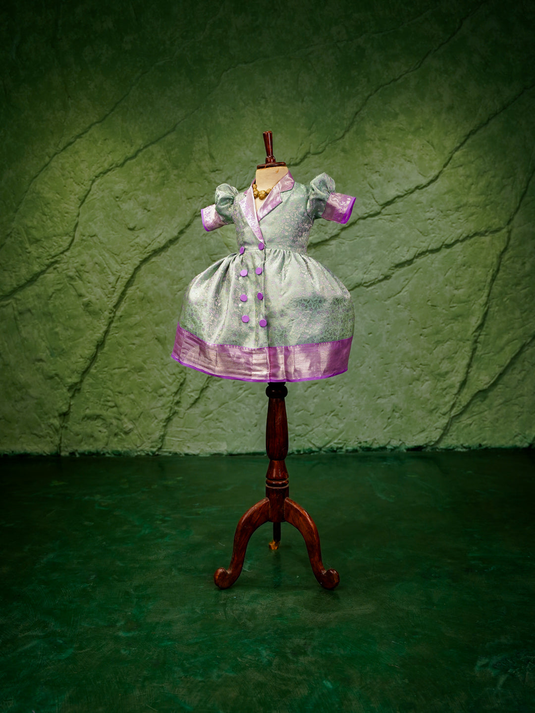Mint Green & Lavender Kanchipuram Silk Kids Gown with Jacket Style