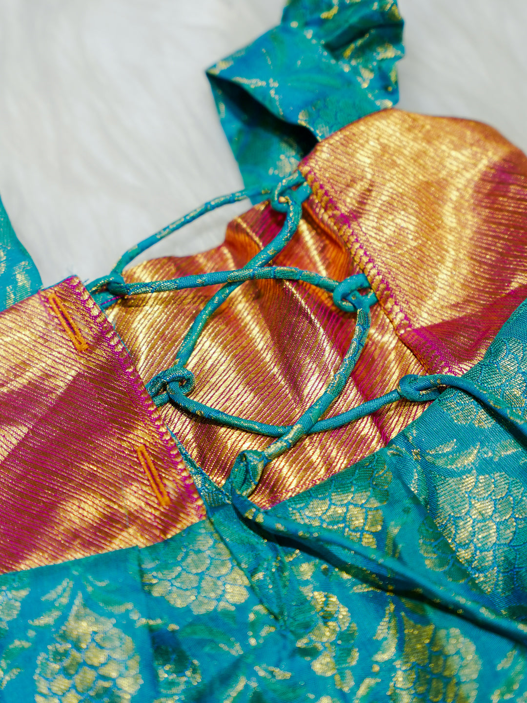 Turquoise & Pink Kanchipuram Silk Baby Gown