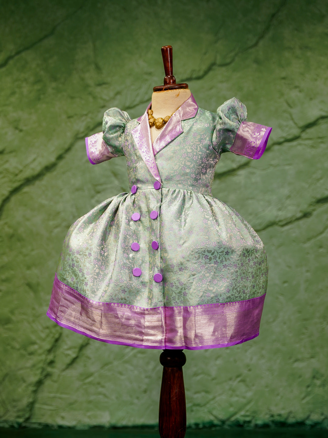 Mint Green & Lavender Kanchipuram Silk Kids Gown with Jacket Style