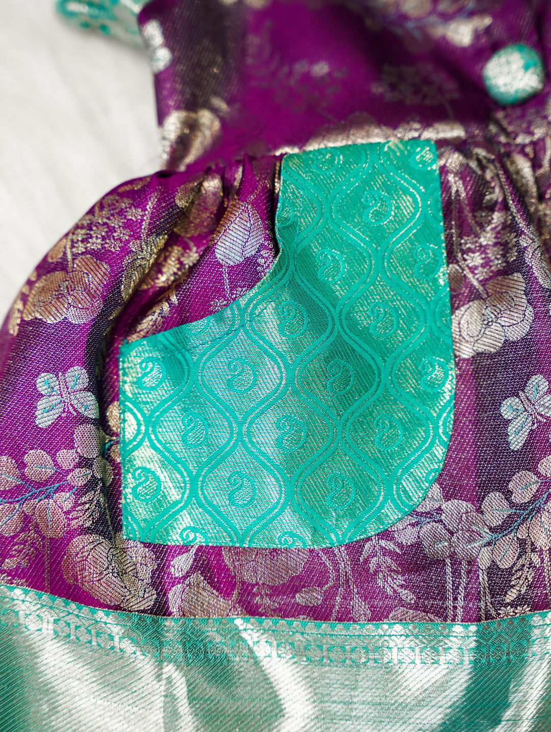 Purple & Mint Baby Silk Frock — Pure Kanchipuram Silk (0–1 Year)